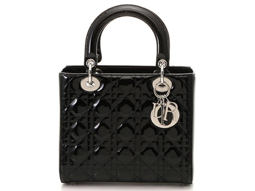 Christian Dior Cannage Lady 2way Shoulder Bag Black Patent Vernis